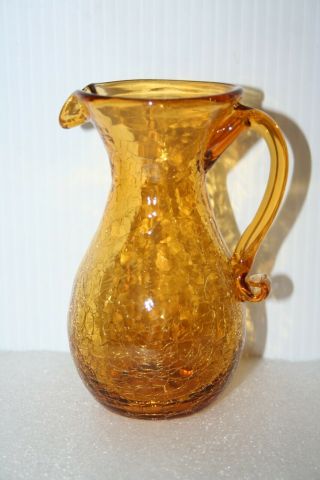 Honey Amber Blown Crackle Glass Pitcher Vase Applied Handle 4 - 3/4” Tall Vintage