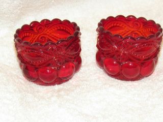 Pair Vintage Eye Winker Pattern Salt Cellar Ruby Red Glass Mosser Usa