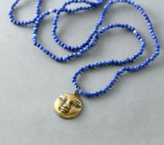 Long Blue Beaded Moon Face Celestial Witchy Antiqued Brass Pendant 36 " Necklace