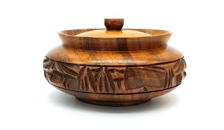 Beautifully Carved Vintage Hardwood Lidded Sauce Bowl With Spoon Slot