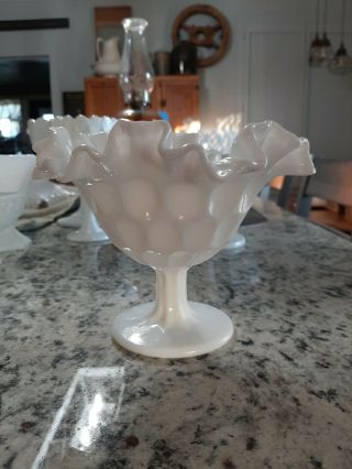 Vintage Fenton Opaque White Milk Glass Compote Thumbprint Pattern Ruffled Edge