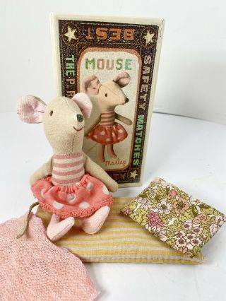 Maileg Little Sister Mouse W/matchbox Pillow Bed & Blanket Denmark Collectible