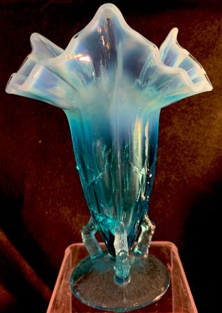 Northwood Blue Opalescent Glass Vine Novelty Fancy Vase 7”