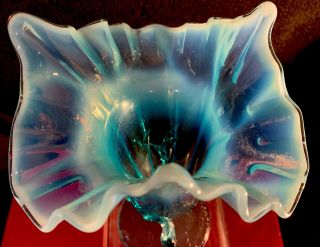 Northwood Blue Opalescent Glass VINE Novelty FANCY Vase 7” 3