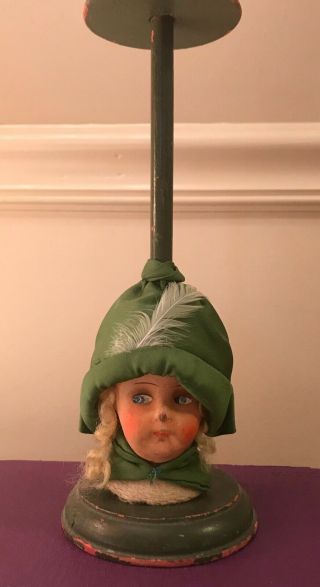 Antique 1920’s Flapper Style Doll Head Hat Stand Victorian Hand Painted
