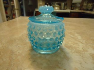 Fenton Blue Opalescent Hobnail Mustard With Lid
