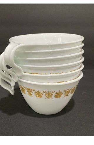 Vtg Corelle Gold Butterfly Flower Pyrex Hook Handle Cups Mugs Set Of 6