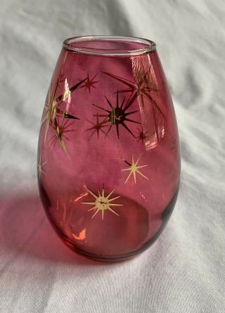 Vintage Bartlett Collins Atomic Gold Starburst Cranberry Vase