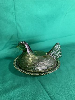 Vintage Indiana Glass Green Glass Hen On Nest Candy Dish T