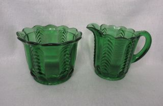 Large Dark Green Pressed Glass Sugar And Creamer Set Ruffle Top Feather Design