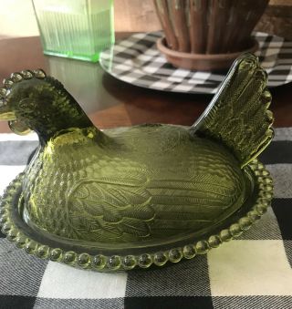 Vintage Indiana ? Glass Green Glass Hen On Nest Candy Dish
