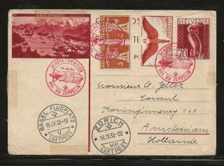 1930 Switzerland Graf Zeppelin Postcard W/ C11 - Geneve,  Basel,  Zurich