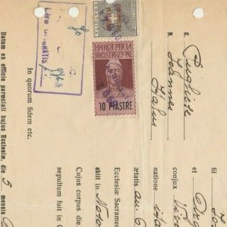 Italy - Egypt Rare Consular Revenues Only In Egypt 10 P.  Tied Doc.  Alex 1950