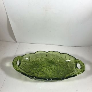 Vintage Indiana Glass Sunflower Oblong Green Candy Nut Relish Dish