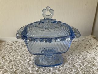Vintage Indiana Glass Old Colony Open Lace Blue Pedestal Covered Candy Nut Dish