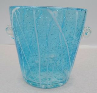Vtg Murano Venini D.  Saronno Italy Blue Seeded W/ White Art Glass Ice Bucket Vase