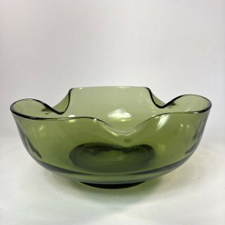 Vintage Viking Art Glass Olive Green 9” Candle Holder Serving Bowl Pinched Edge