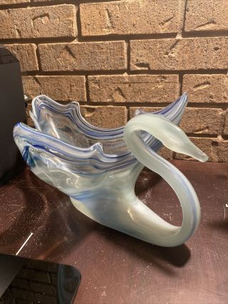Murano Style Vintage Hand Blown Art Glass Swan Centerpiece Bowl Dish Vase Bird