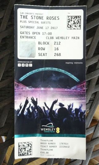 The Stone Roses,  June 2017,  Wembley Stadium London Uk,  Concert Ticket