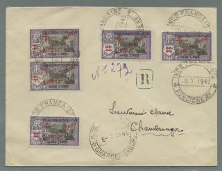 French India Reg Cover Pondichery Chandernagor 1945 Bearing 5 Stamps Censored