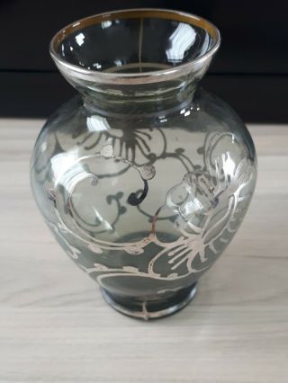 Antique Handblown Glass Vase With Silver Overlay.  10cm High.