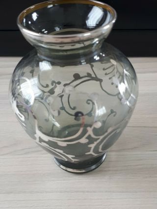 Antique Handblown Glass Vase With Silver Overlay.  10cm High. 2