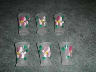 Vintage Set Of 6 Frosted (4oz) Juice Glasses Hand Painted Pink Flowers