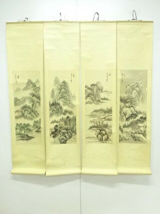 69677 Japanese Wall Hanging Scroll / Set Of 4 / Hand Painted / Sansui (landscap