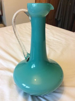 Retro/vintage empoli style glass jug.  Teal/turquoise. 2