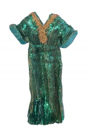 Vintage Pippa Topper Dawn Dolls Green Slinky Dress with gold trim TLC frayed hem 3