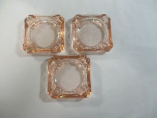Vintage 3 - Pink Jeanette Floral Depression Glass Ashtrays 3.  25 Inches Square Set