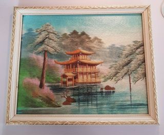 Vintage Japanese Silk Embroidery Picture Panel Pagoda Signed Framed Wall Art