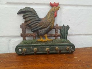 Antique Vintage Cast Iron Key Holder / Tea Towels Etc - Farmhouse Chicken Style