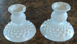 2 Vintage Fenton White Milk Glass Hobnail Candle Holders 3 1/2 "
