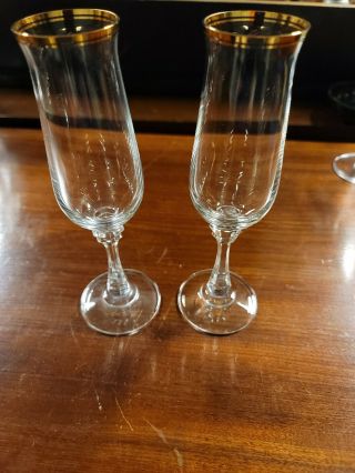 Pair,  Lenox Crystal Champagne Glasses With Gold Rim.