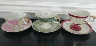 Set Of 3 Royal Japan Bone China Lusterware Vintage Tea Cup & Saucer Gold Rim