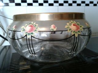 Vintage Glass Bowl With Hand Painted Pink Roses And Rosebuds With Epns Rim