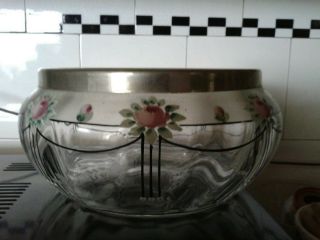 Vintage glass bowl with hand painted pink roses and rosebuds with EPNS rim 2