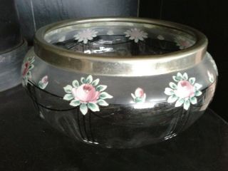 Vintage glass bowl with hand painted pink roses and rosebuds with EPNS rim 3