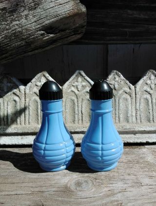 Vintage Moderntone Platonite Pastel Blue Salt Pepper Shaker Milk Glass
