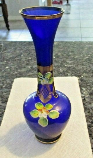 Vintage Cobalt Blue Bud Vase With Applied Enamel Flowers