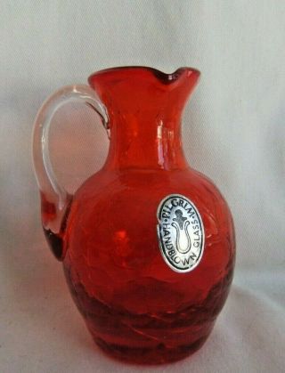 Vintage Crackle Glass Small Orange Pitcher/vase,  Applied Handle