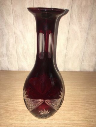Vintage Czech Bohemian Cut To Clear Ruby Red Glass Vase 11 " Tall