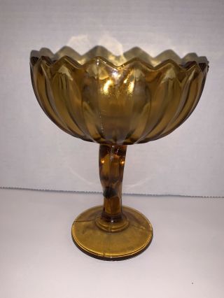 Indiana Depression Glass Pedestal Compote Candy Dish Bowl Amber Lotus Blossom 2