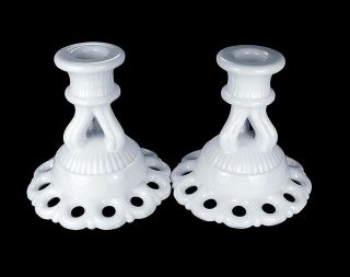 Pair (2) Vintage Westmoreland Milk Glass Doric Candle Holders Open Lace Foot