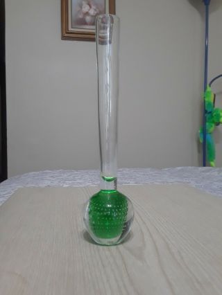 Vintage Green Controlled Bubble 8 Inch Tall Hand Blown Art Glass Bud Vase