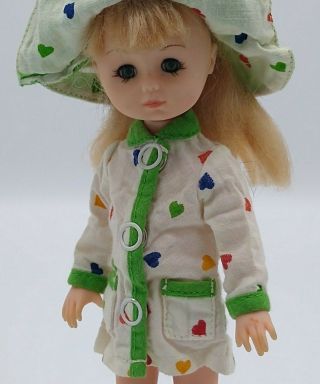 Vintage Vogue Doll Outfit For 1970s " Skinny " Ginny Green White Hearts Coat Hat