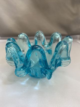 Mcm Vintage Aqua Blue Studio Art Glass Ashtray,  Trinket,  Dish - Waved Edges