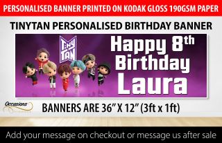 Personalised Bts Tinytan Birthday Banner 36 " X 12 " 190gsm Gloss Paper Hq