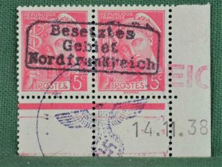 Rare France German Occupation Cancel On Stamp Pair Cancel Dated 1938 (v60)